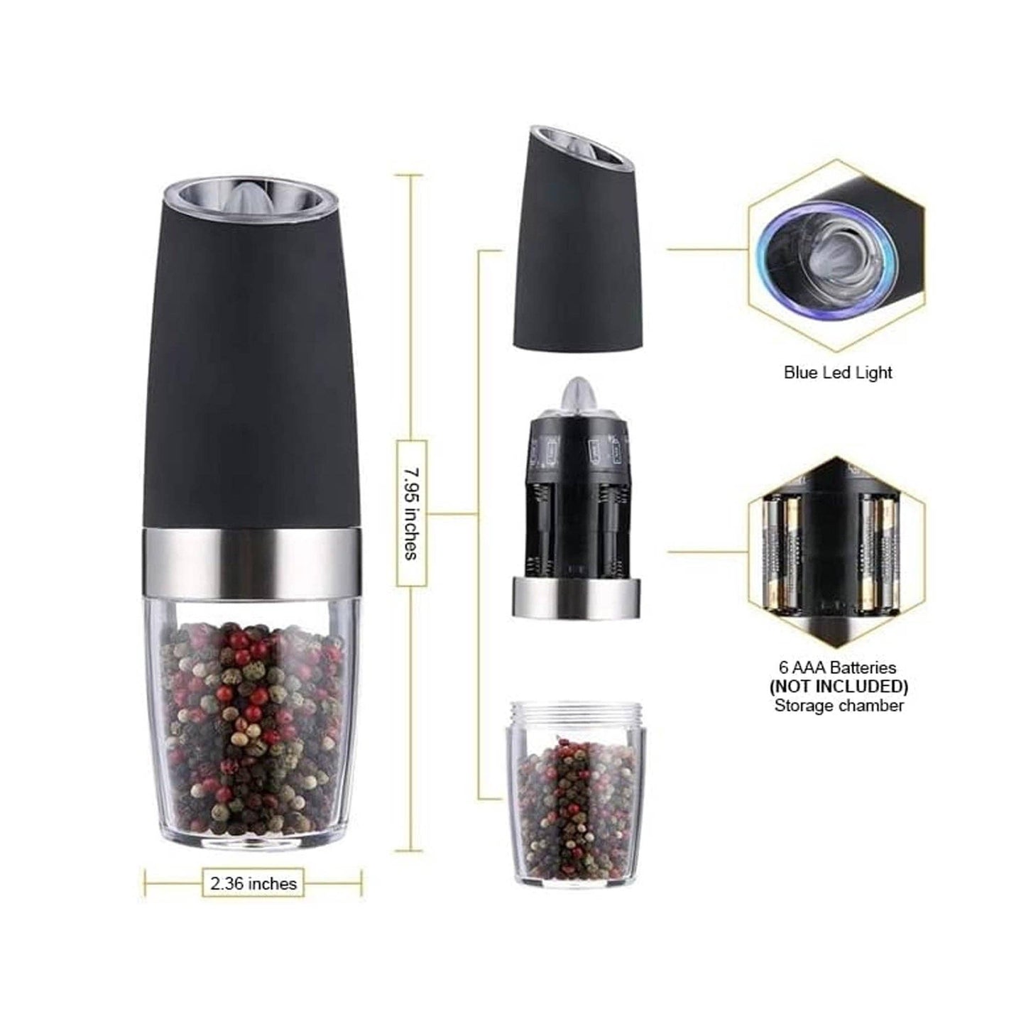 Black Salt & Pepper Grinder Set, Adjustable Coarseness, 2pcs