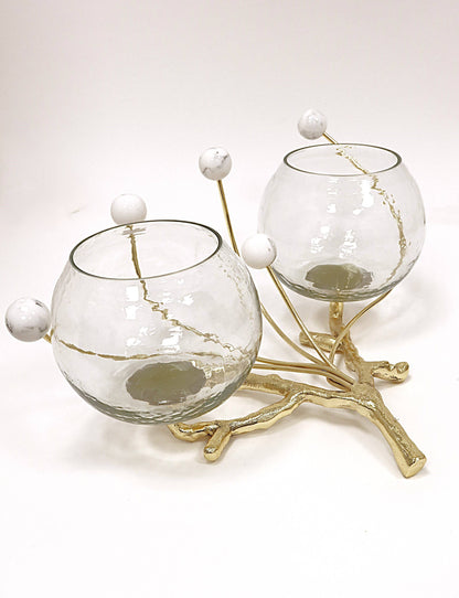 2 Bowl Branch Centerpiece with Ball Design - 12.6": Clear Balls