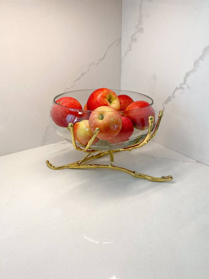 11"D Glass Bowl With Gold Twig Base